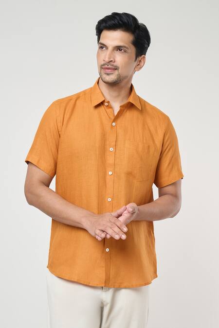 Arihant Rai Sinha  Orange Linen Plain Half Sleeves Shirt
