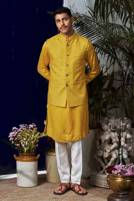 Philocaly  Yellow Cotton, Silk Embroidery Lattice Bundi Kurta Set
