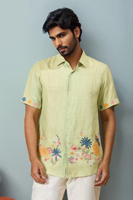 Ewoke  Green Hemp Embroidery Floral Shirt