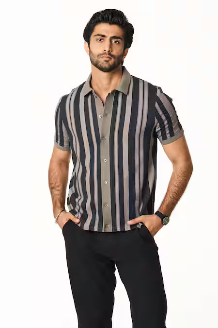 Terra Luna  Gray Cotton Grey Tonal Striped Shirt