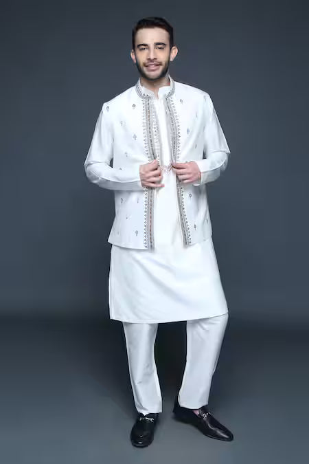 Sanjev Marwaaha  Ivory Cotton, Silk Sequins, Beads Floral Hand Embroidered Bundi Kurta Set