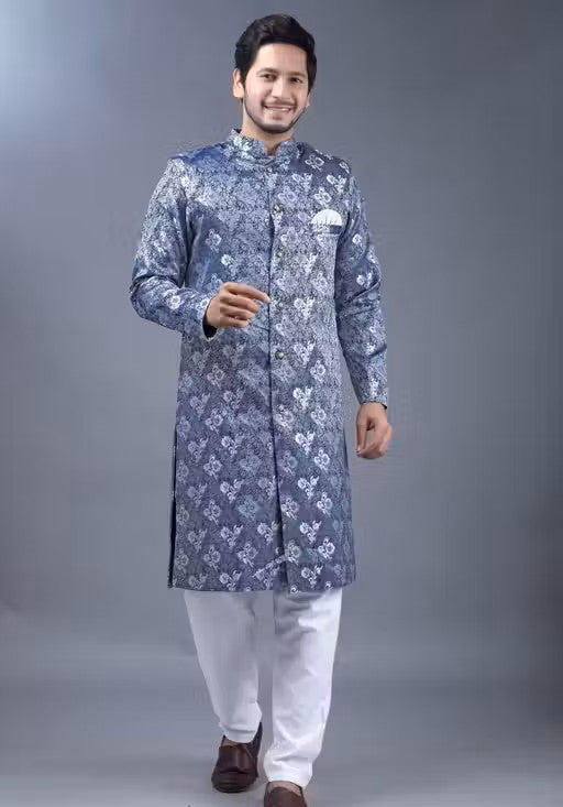 Men's Blue Silver Kurta Pajama Set