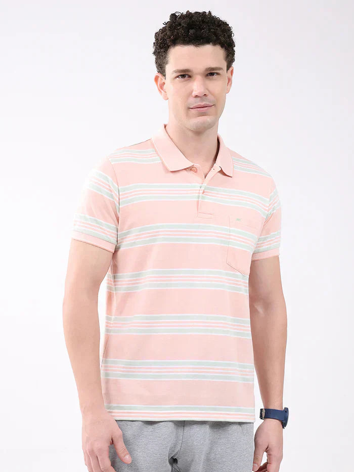 Men Peach Stripe Collar Half Sleeve T-Shirt