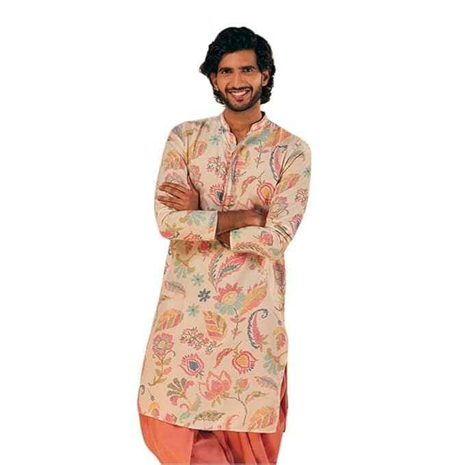KISAH Men's Multi-Color Printed Cotton Kurta-Regular Fit Long Tunic with Mandarin Collar | Ethnic Wear for Weddings & Festive Occasions, Multicolor