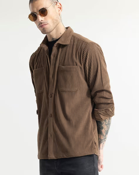 SNITCH Cozy Cord Ribbed Regular Fit Shirt with Patch Pockets