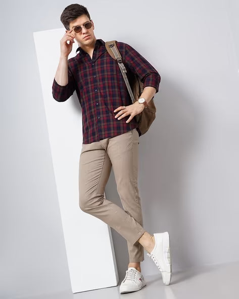 BRITISH CLUB Windowpane Checks Slim Fit 60'S Giza Cotton Shirt