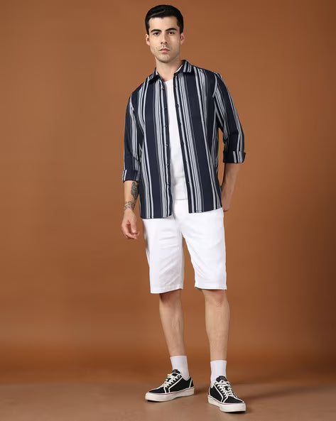 ALPHA TRIBE Men Striped Slim Fit Cotton Shirt