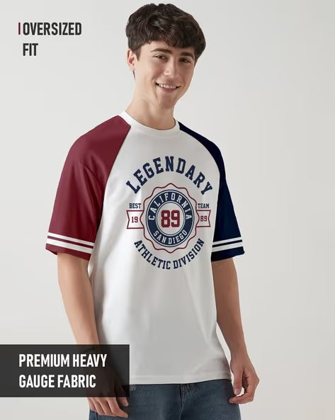 CRAZYMONK Men Typographic Print Oversized Crew-Neck T-Shirt