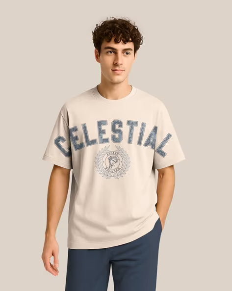 BULLMER Men Pack of 2 Graphic Print Oversized Fit Round-Neck T-Shirts