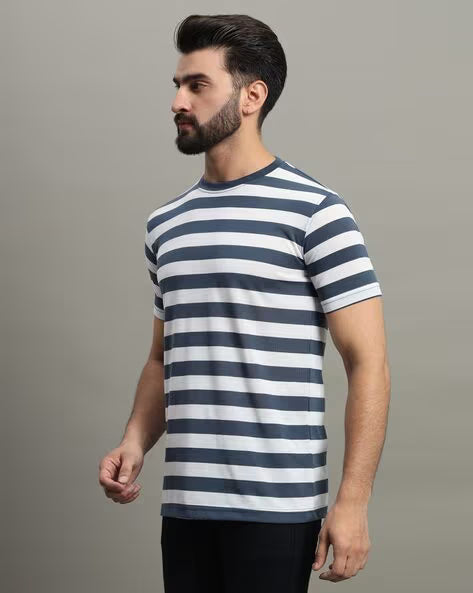 ALPHA TRIBE Men Striped Regular Fit Crew-Neck T-Shirt