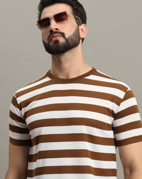 ALPHA TRIBE Men Stripes Print Regular Fit T-Shirt