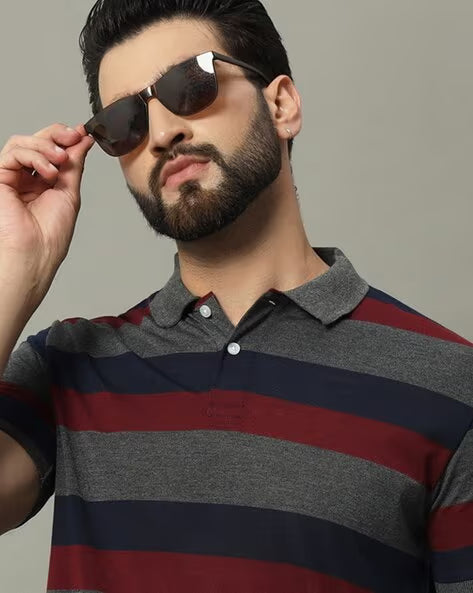 ALPHA TRIBE Men Stripes Print Regular Fit Polo T-Shirt