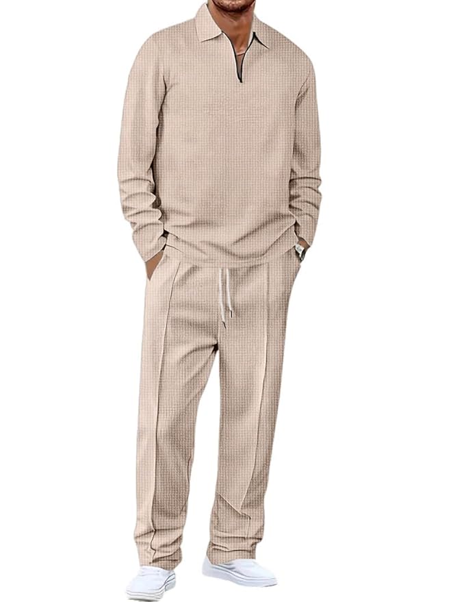 Jawdrobe Men’s Waffle-Check Co-Ord Set | Self-Textured Collar Top | Drawstring Jogger Pants | Cotton-Blend Loungewear/Night-Suit | Casual Travel & Streetwear Two-Piece