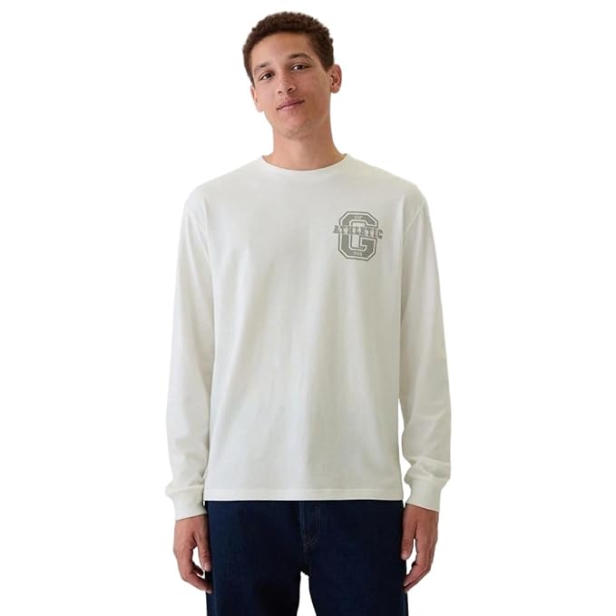 GAP Men’s Relaxed Fit Graphic Print Full Sleeves Crew Neck Letter Print T-Shirt