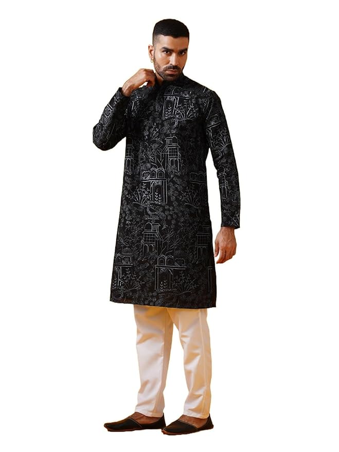 SOJANYA (Since 1958 Men's Cotton Silk Kantha Thread Embroidered Kurta with White Pyjama