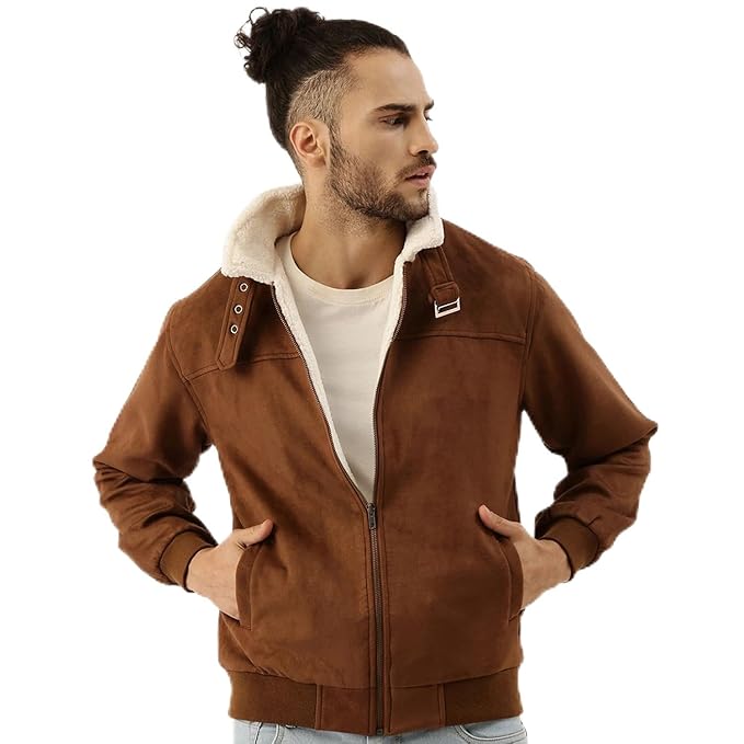 Campus Sutra Men's Front Zipper Jacket With Fleece For Casual Wear | Long Sleeve | High Neck | Zipper Closure | Suede Jacket Crafted With Comfort Fit For Everyday Wear