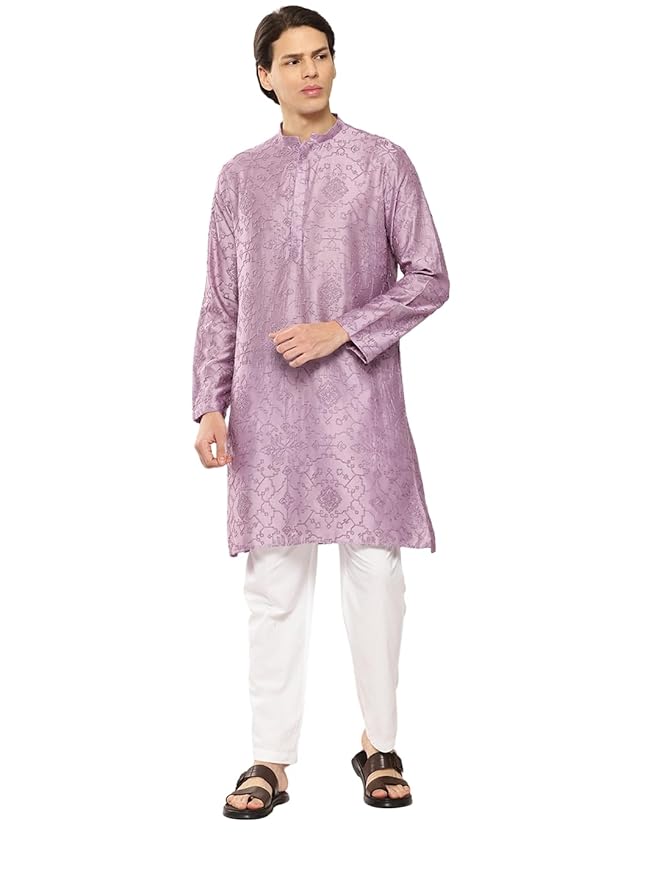 See Designs Men's Long Sleeve Side Slit Embroidered Thread Work Chanderi Silk Straight Mandarin Collar Kurta