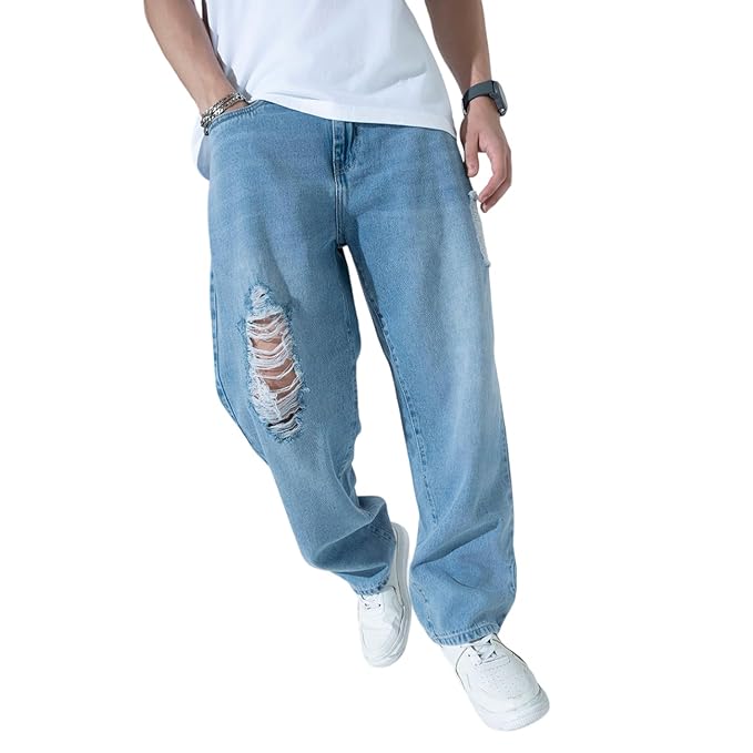 Hubberholme Men's Knee Distressed Loose Fit Jeans