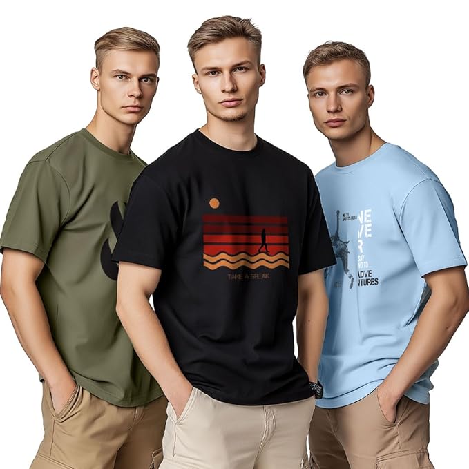 NOBERO 100% Cotton Tshirts for Men Combo Pack of 3 | Regular Fit | Printed | Round Neck Half Sleeve