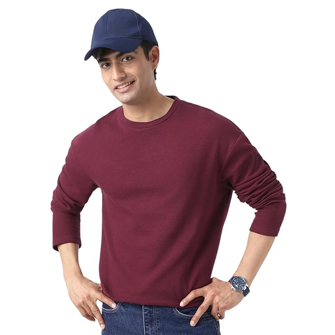 Urbano Fashion Men's Textured Round Neck Oversized Full Sleeve Cotton T-Shirt