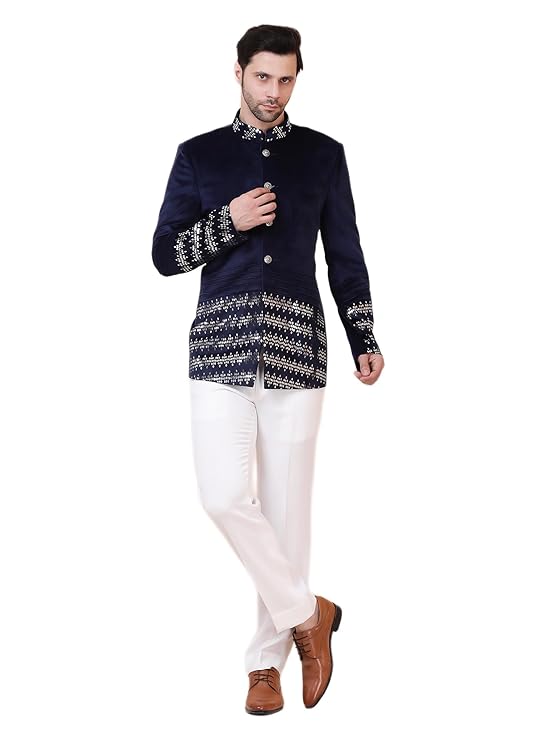 ANUP GUPTA COUTURE Men’s Navy Velvet Designer Bandhgala Set | BAND_AG5004 | Metallic Patti Embroidery | Elegant Ethnic Bandhgala for Special Occasions