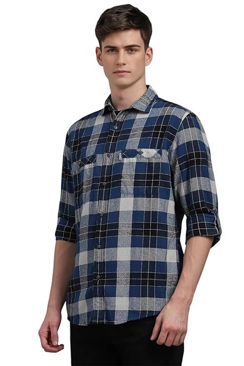 Louis Philippe Men's Checkered Slim Fit Shirt (LRSFCSLPO14495_Blue