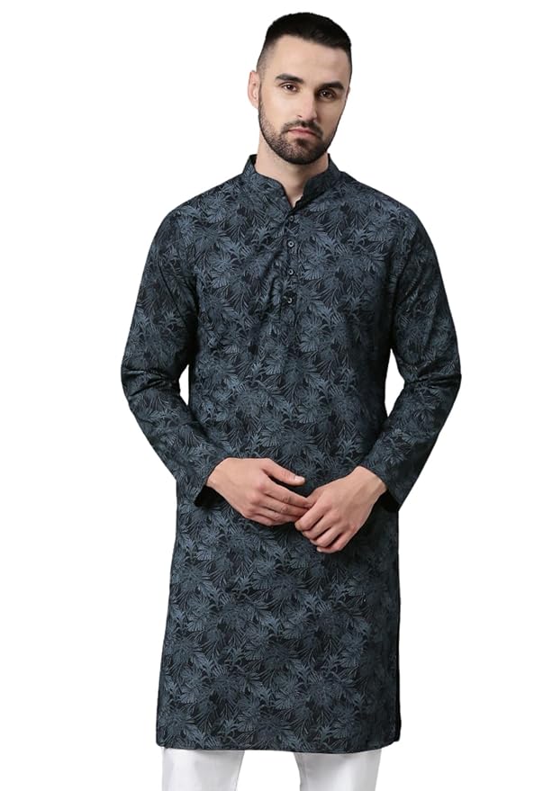 Majestic Man Men's Cotton Regular Fit Casual Mandarin Collar Ethnic Motifs Printed Long Regular Kurta