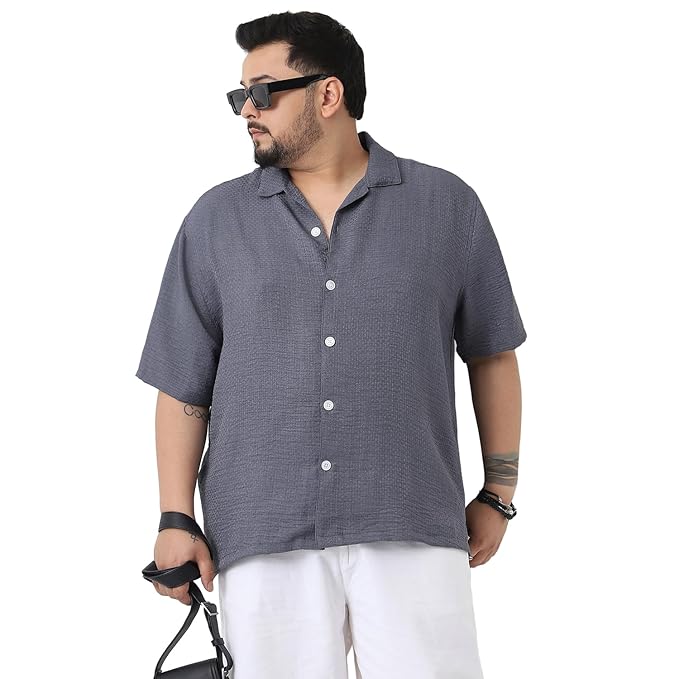 Urbano Plus Men's Cotton Half Sleeve Oversized Fit Textured Shirt with Cuban Collar