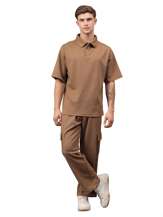 YHA Solid Oversize Polo Neck Stylish Summer Tracksuit Half Sleeves Cord Set With Full Pant For Gents Lightweight Breathable Polycotton Fabric Co-ord Set For Men