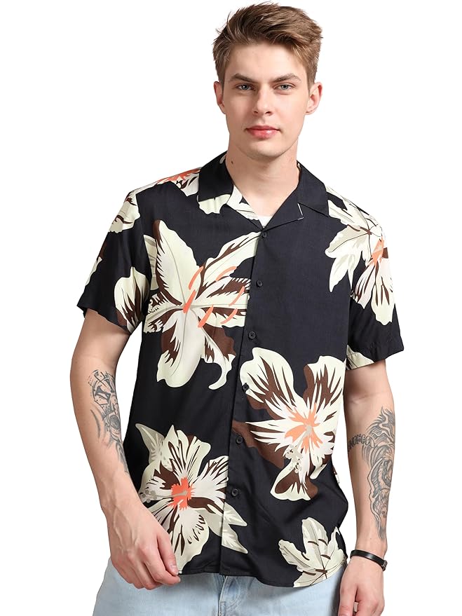 StitchX Men's Half Sleeve Floral Printed Resort Cuban Collar Shirt