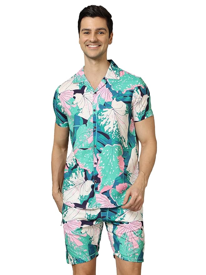 Bushirt Mens Printed Regular Green Color Night Suit Set-