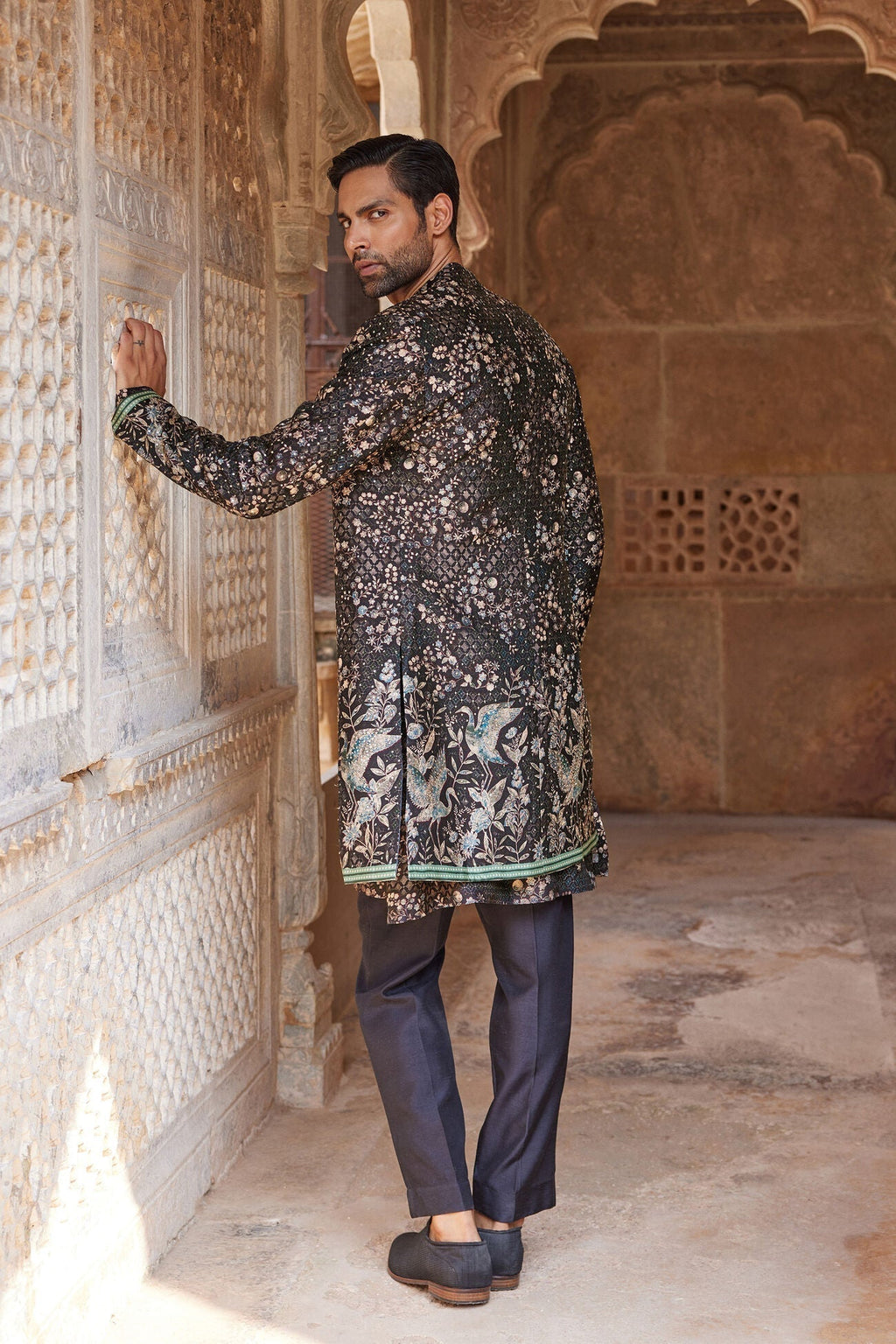 Rukham Printed Silk Sherwani - Black