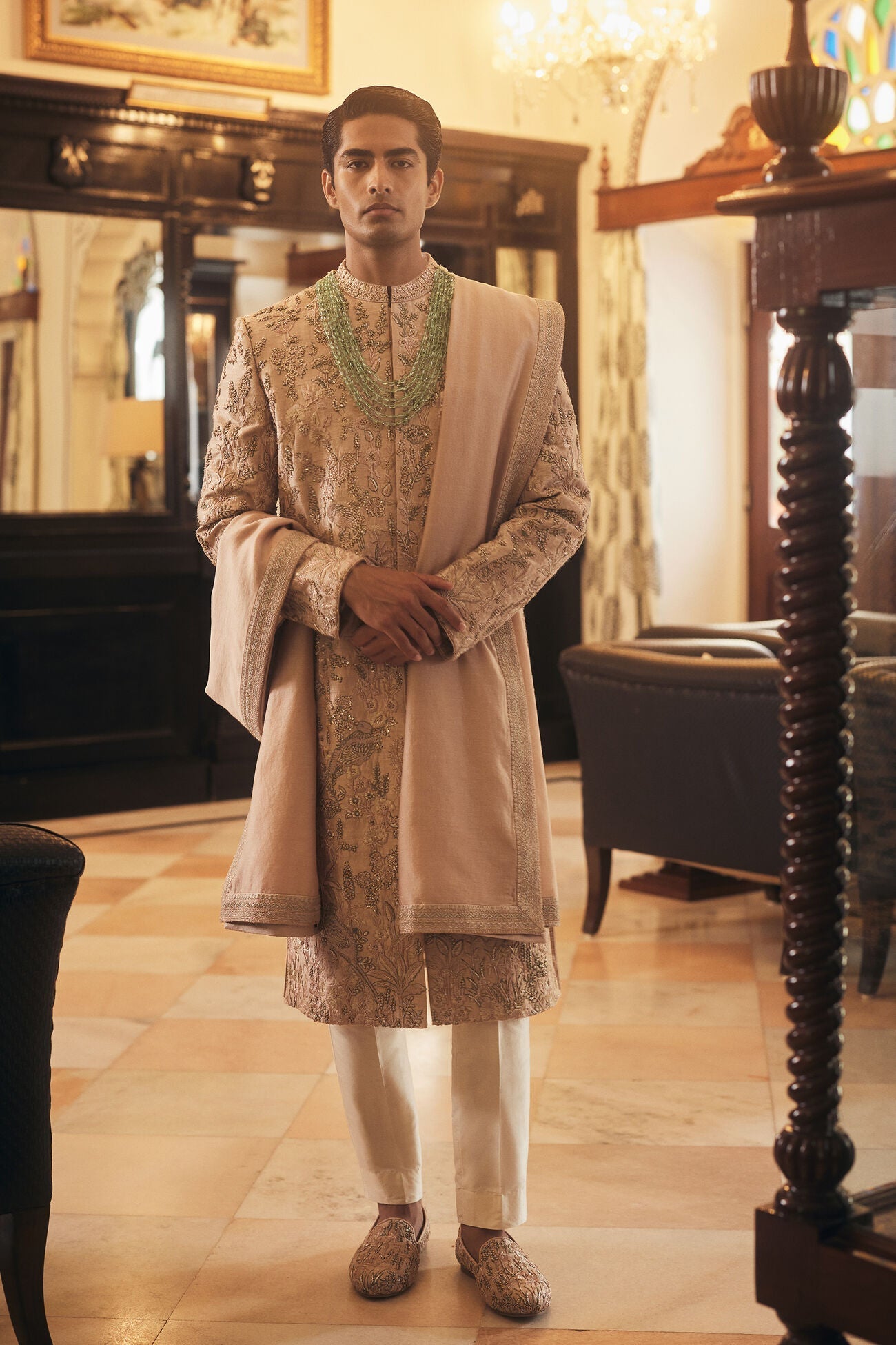 Shahrazad Embroidered Silk Sherwani - Champagne