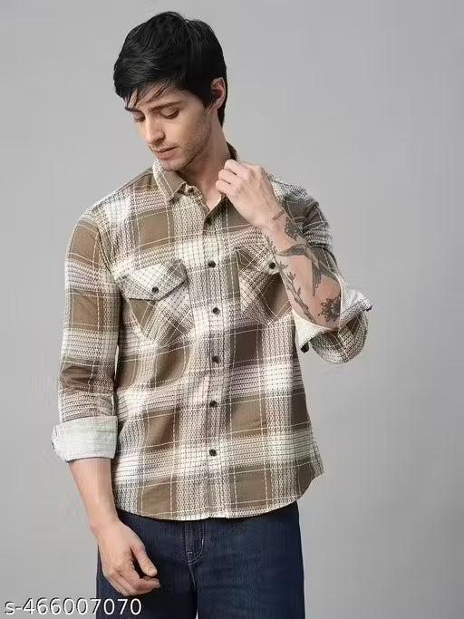 Double Pocket Men’s Brown & White Checked Casual Shirt – Full Sleeve Cotton Blend Full Sleeve Regular Fit Shirt with Dual Flap Pockets for Office, Party & Daily Wear