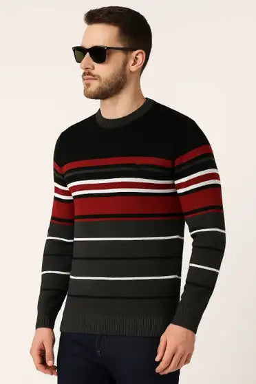 Striped Round Neck Casual Men Acrylic Blend Black Sweater