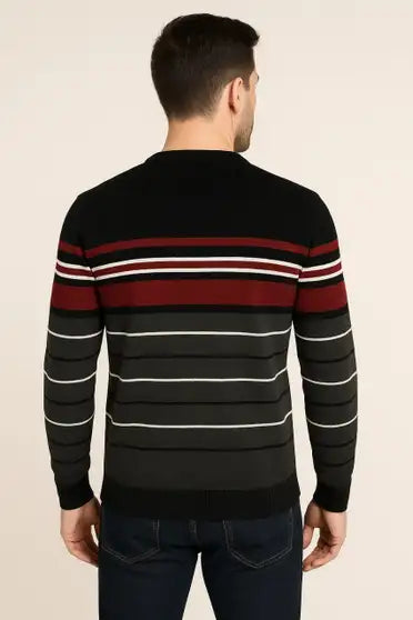 Striped Round Neck Casual Men Acrylic Blend Black Sweater