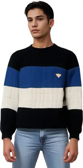 Round Neck Men Wool Blend Multicolor Sweater
