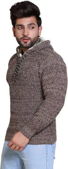 Self Design Hooded Neck Casual Men Reversible Pure Wool Brown Sweater